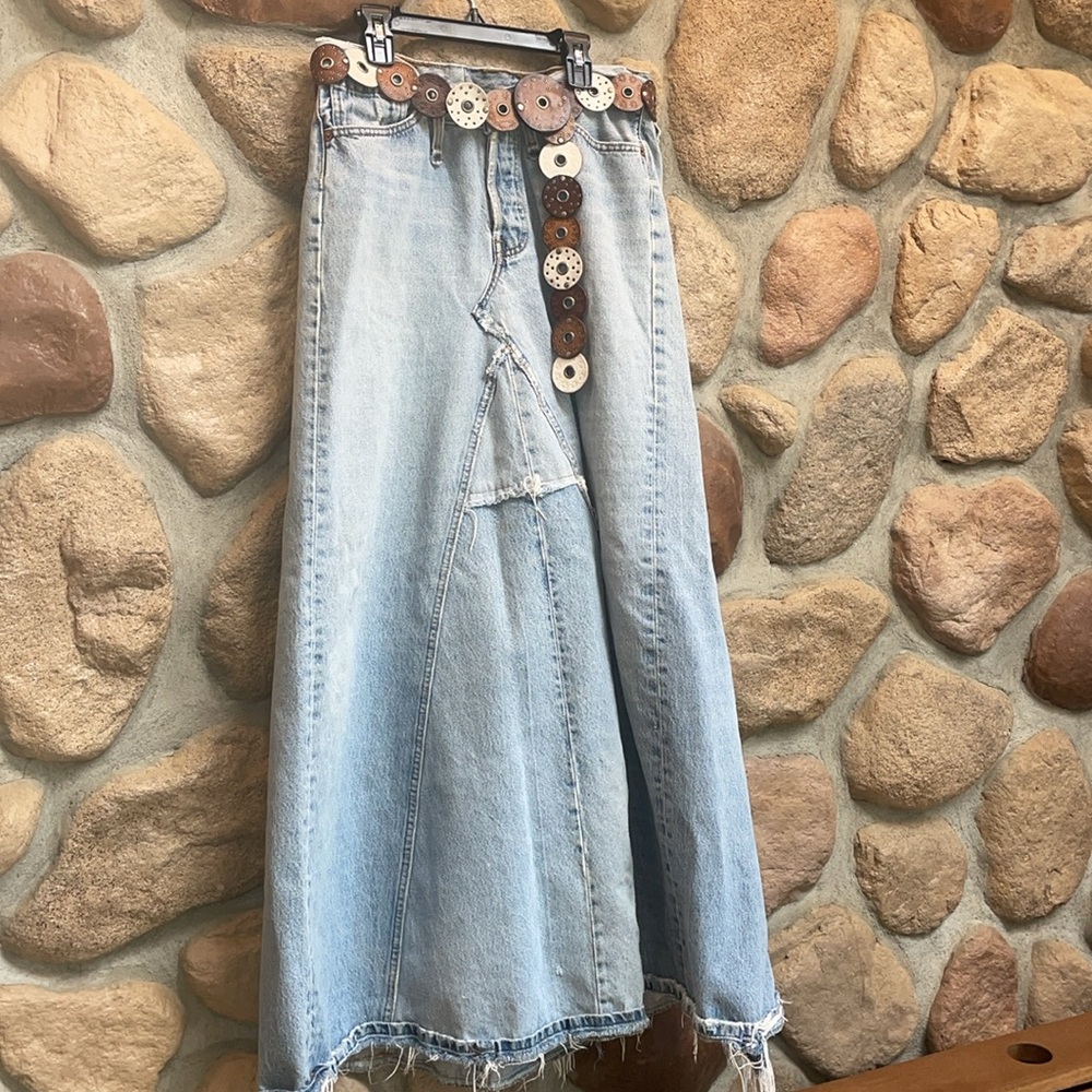J BUSH HOLLYWOOD CREATIONS awesome distressed Denim Maxi Skirt festival! Sz 29 - Picture 2 of 10